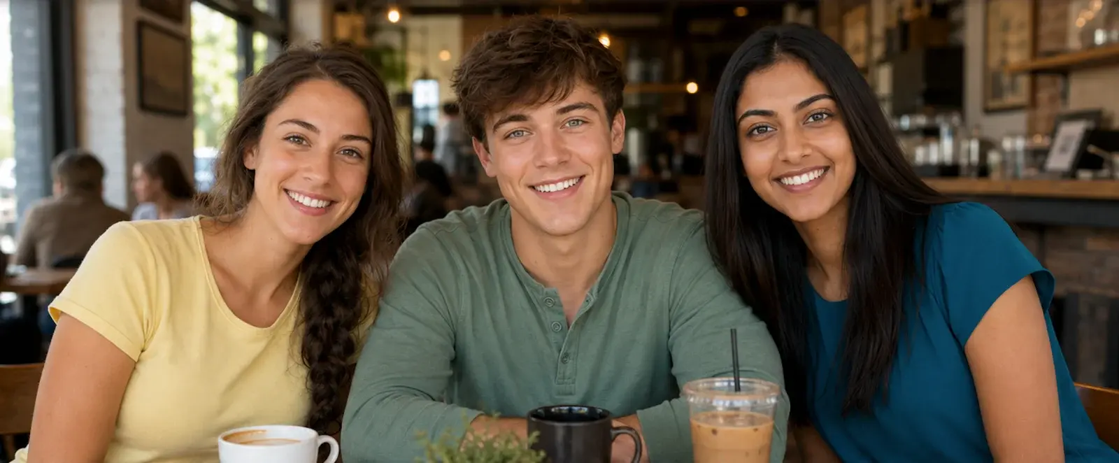 Three nerds together at a cafe table